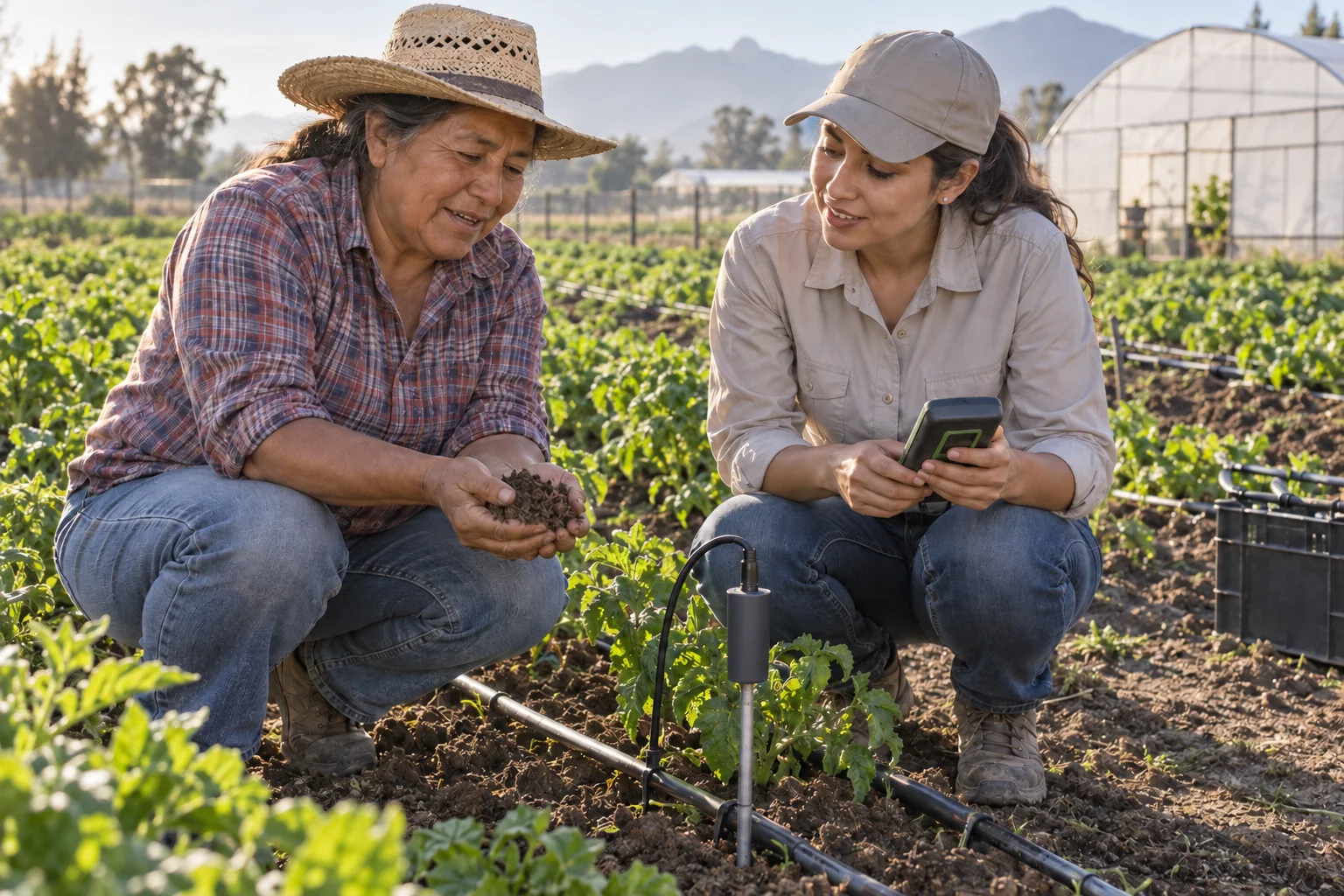 Un agricultor y una agrónoma examinan suelo y un sensor junto al riego de un cultivo