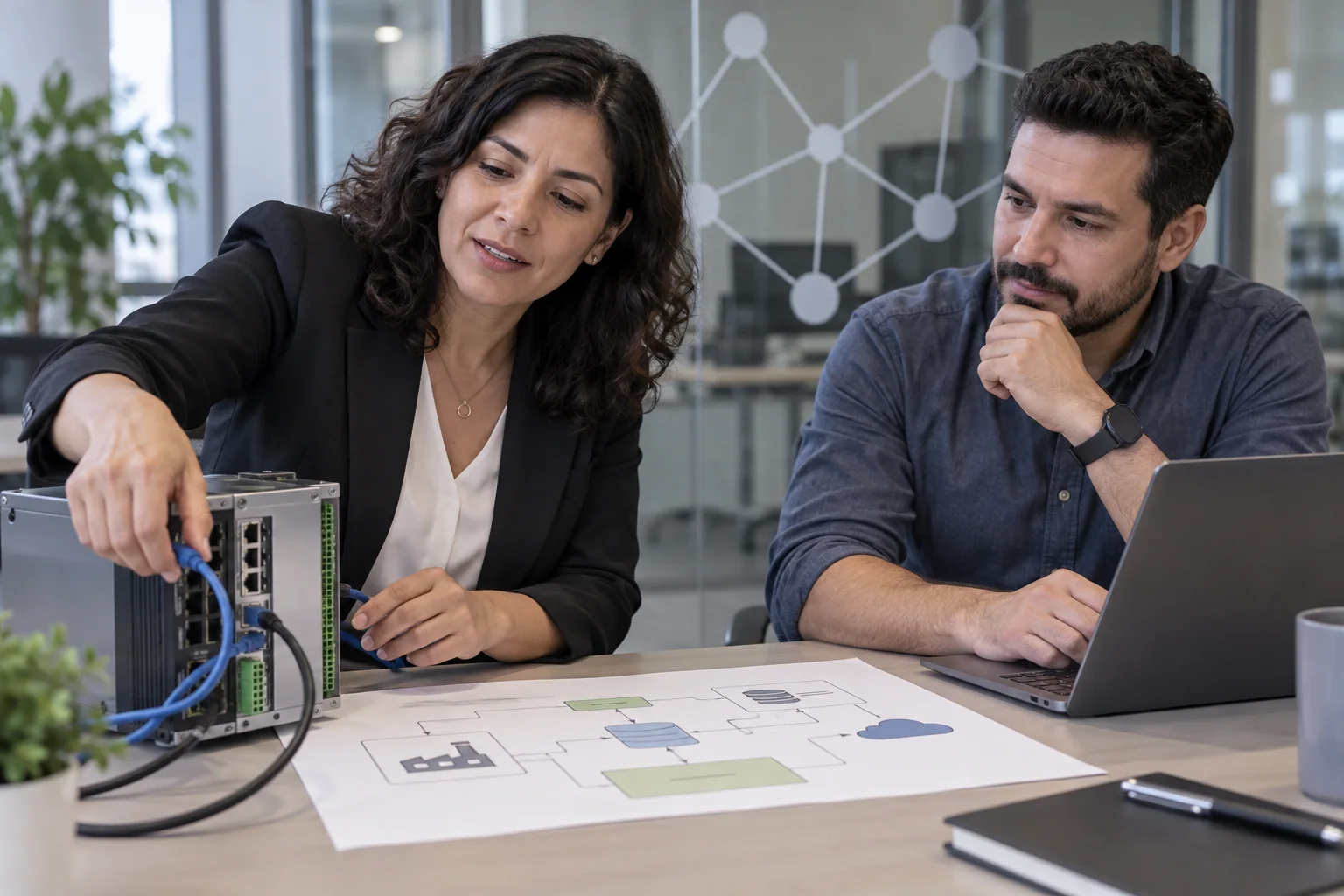 Dos profesionales relacionan un proceso operativo con equipos y sistemas digitales