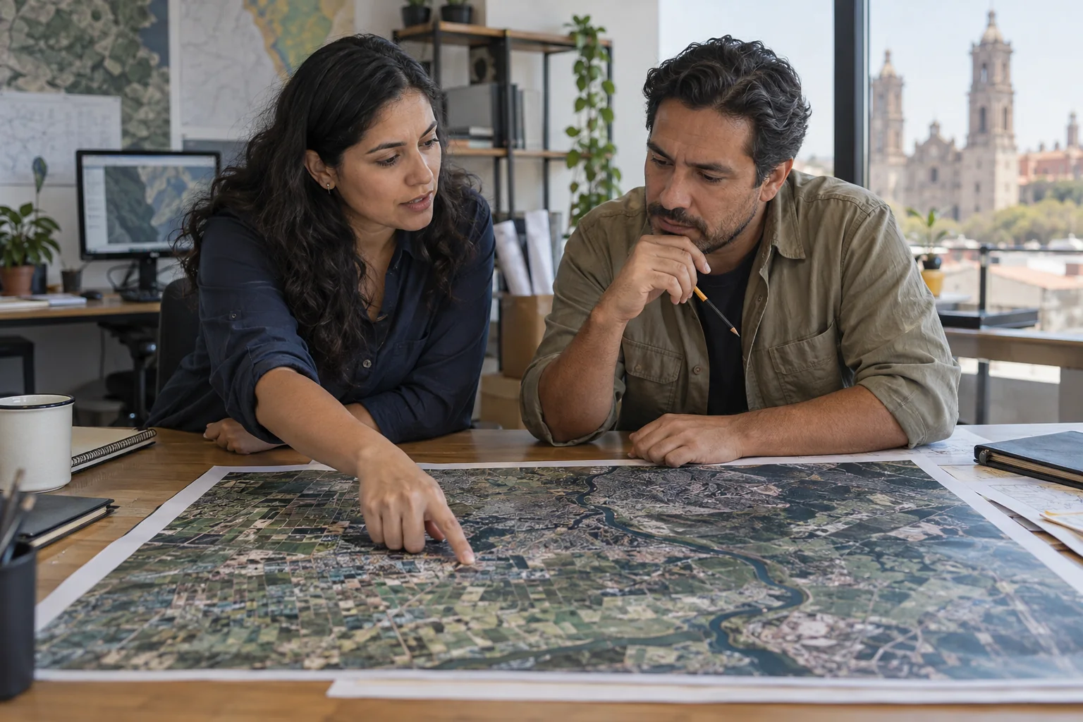 Una analista y un planificador revisan un mapa de observación territorial