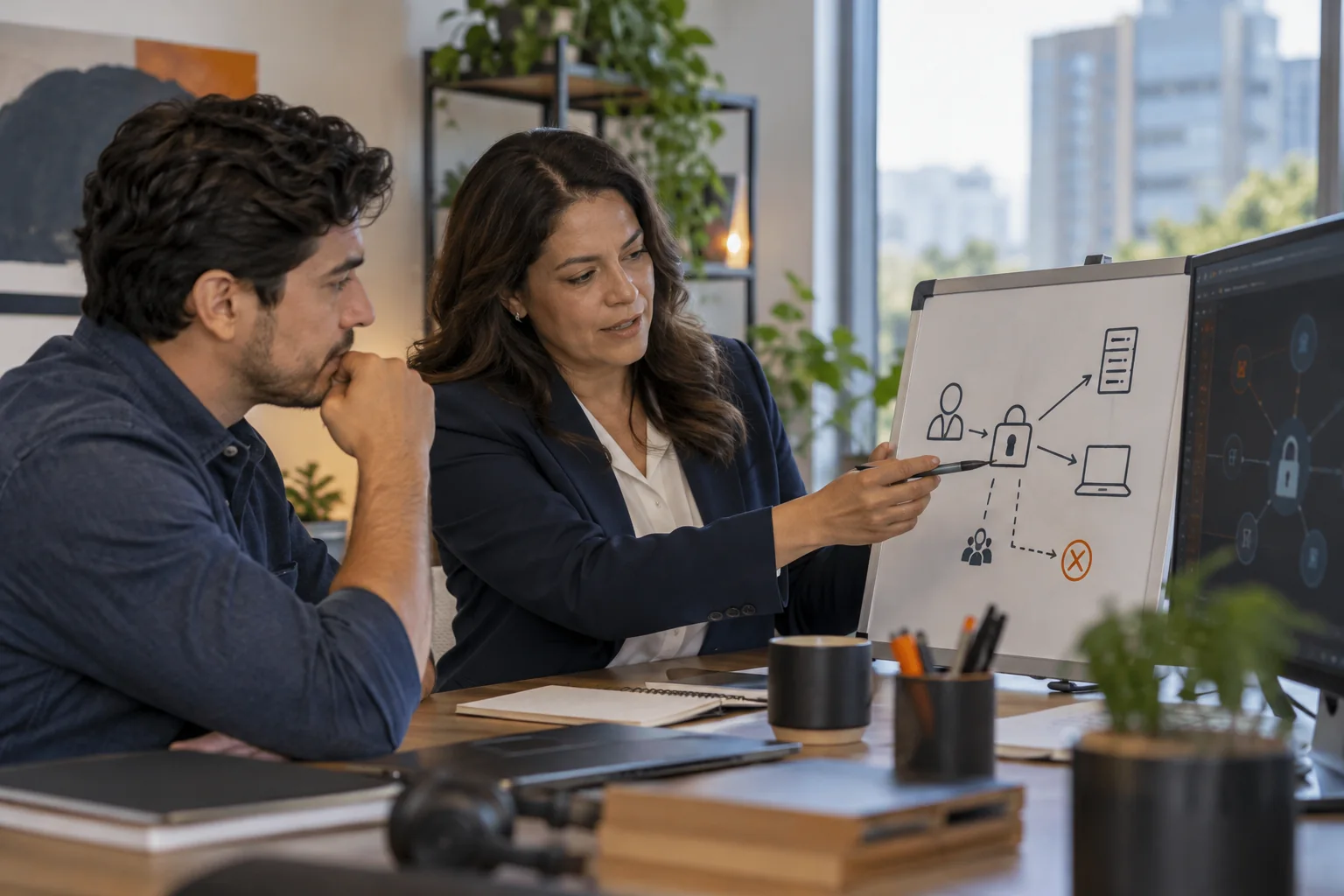 Zwei Fachleute analysieren ein Diagramm für Systemzugriff und Schutz