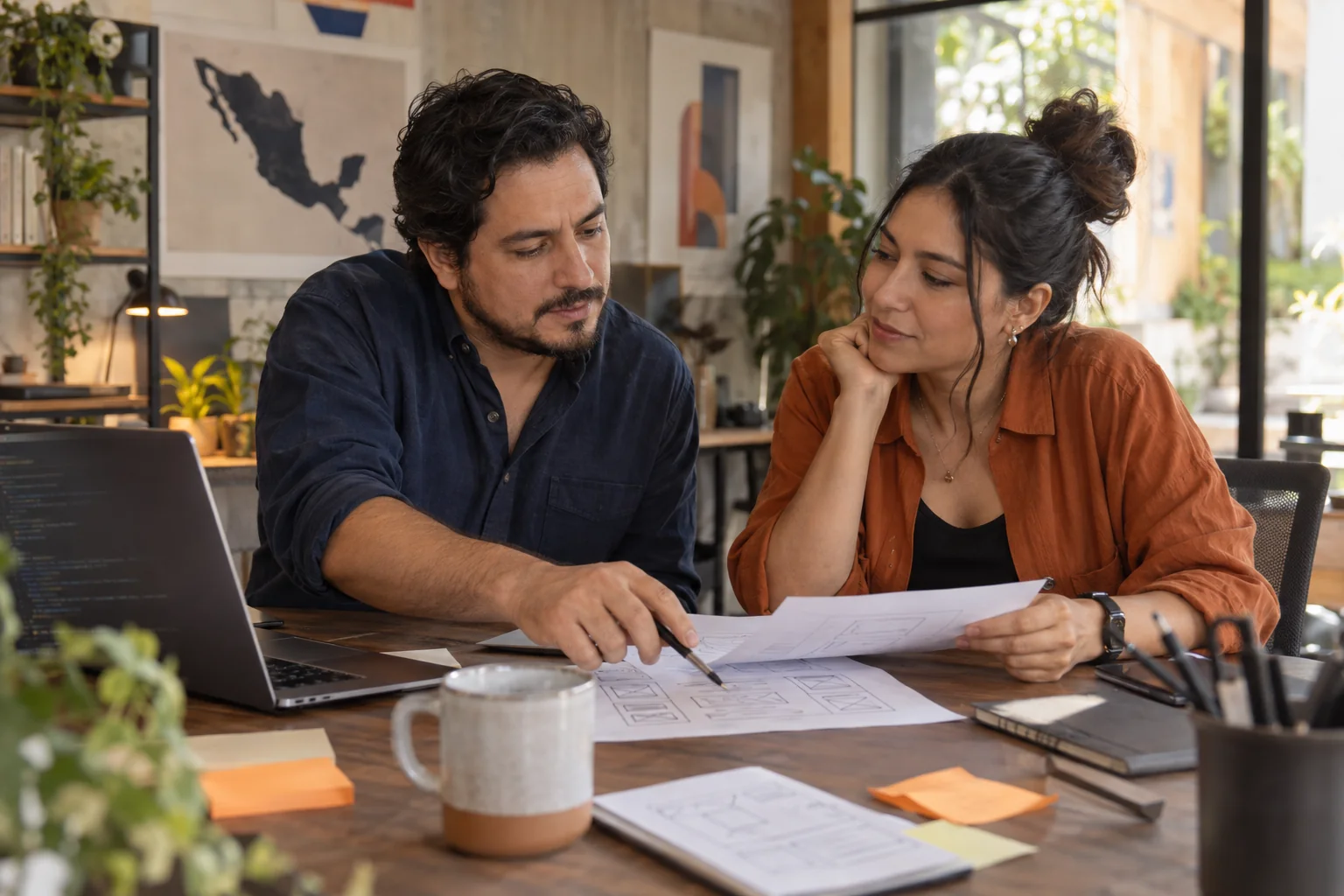 Un desarrollador y una diseñadora revisan juntos un prototipo de producto digital