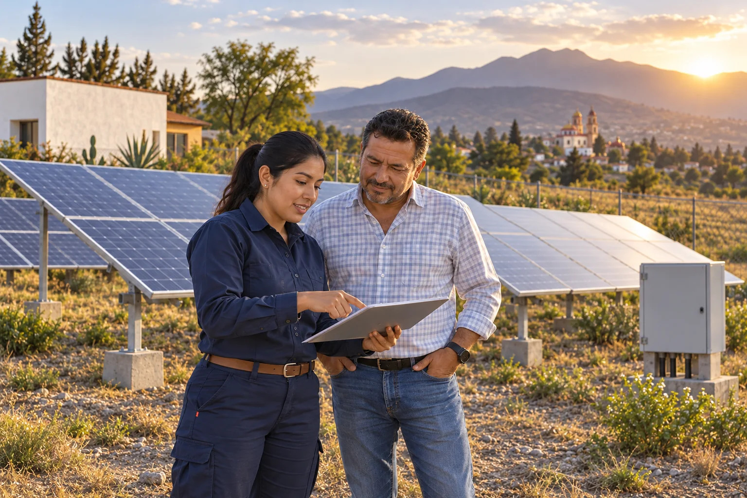 Una ingeniera y un responsable de inmueble revisan una solución junto a paneles solares