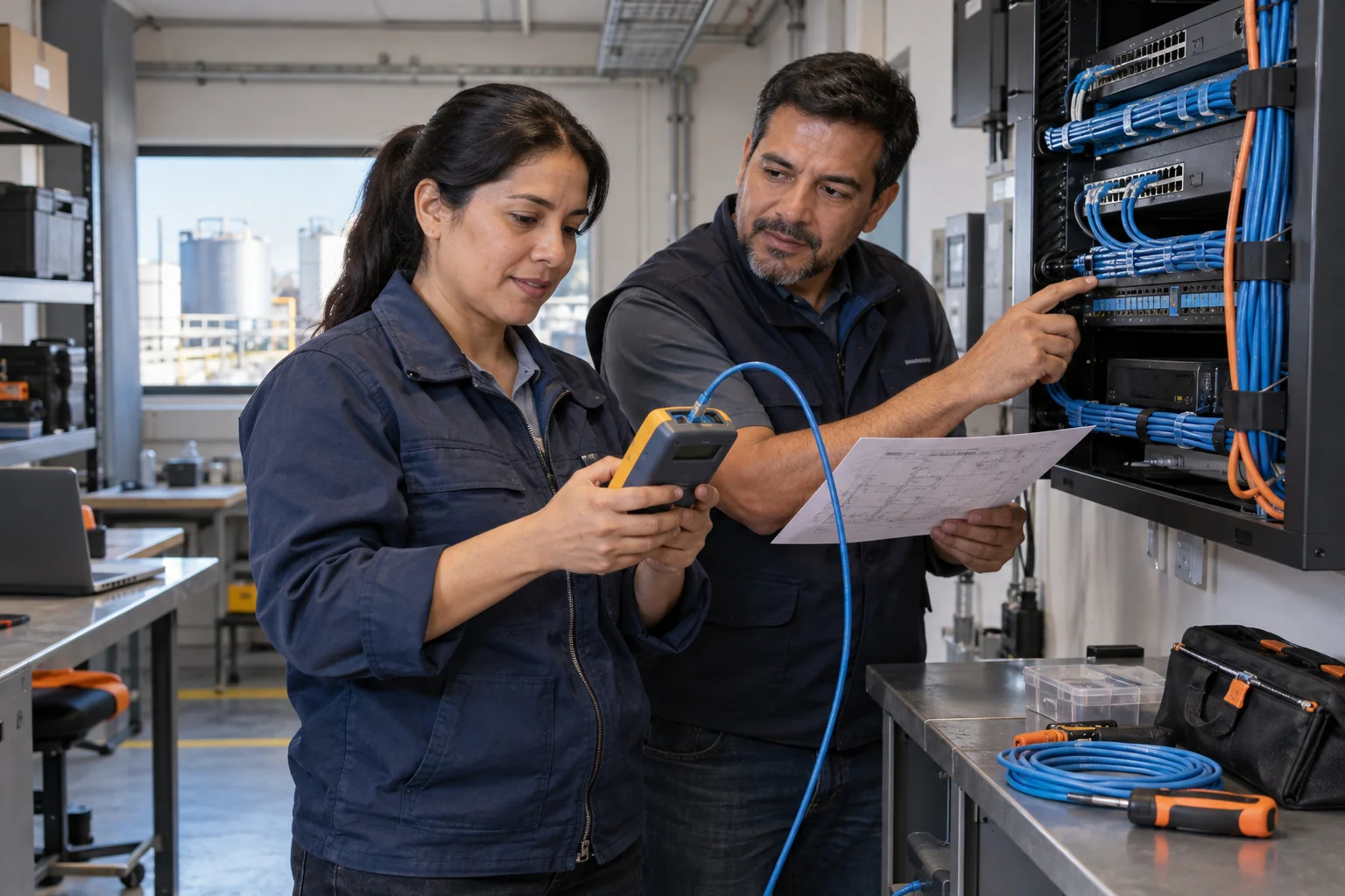 Dos especialistas revisan una conexión de red con un comprobador de cableado