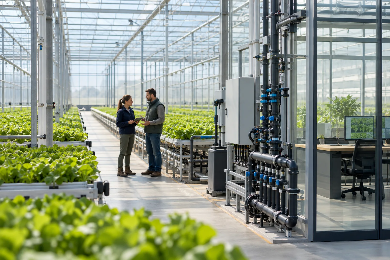 灌漑設備と農業管理を備えた商業用温室の全景