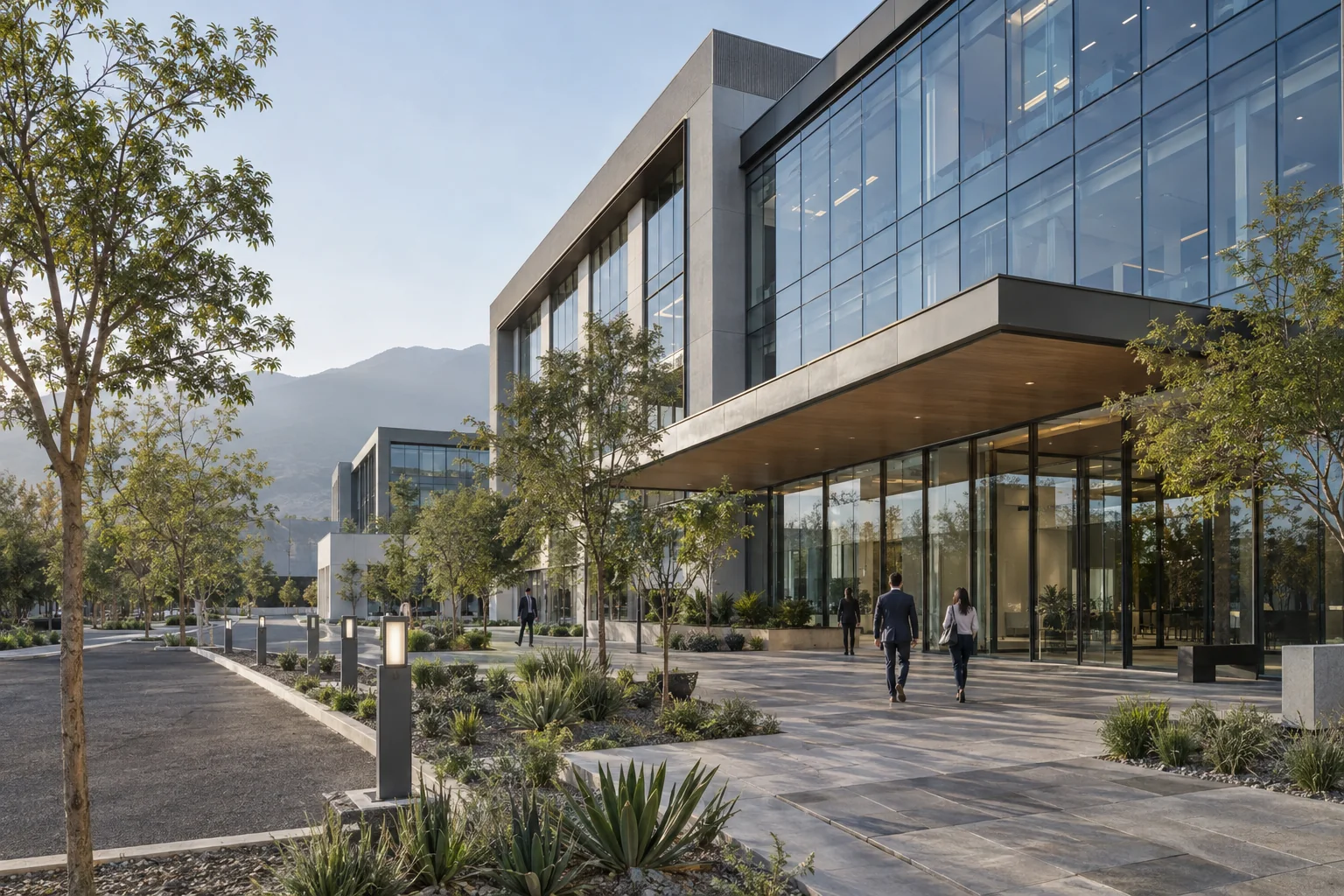 Architektur eines modernen Unternehmenscampus mit verbundenen Zugängen und Räumen