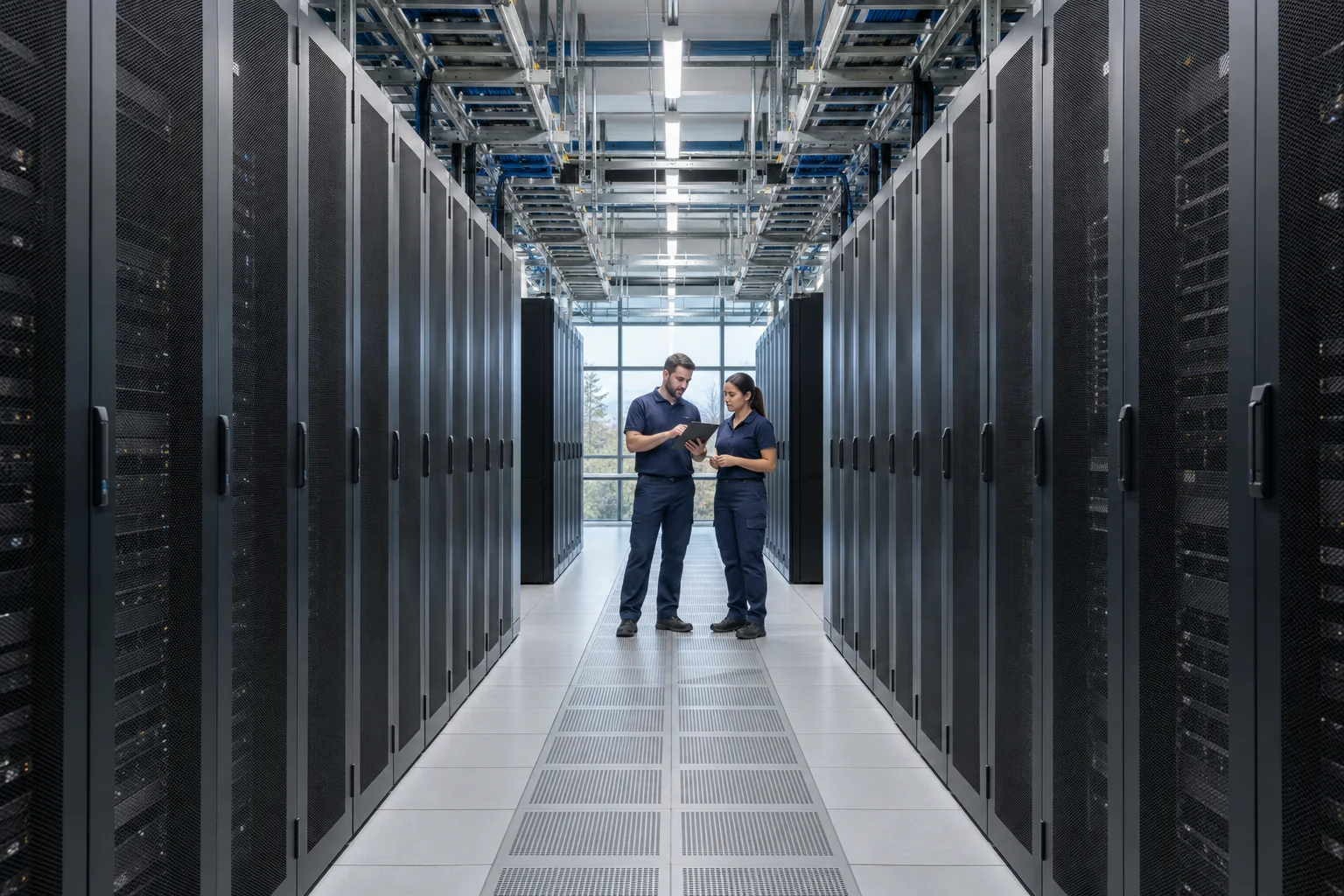 Rackreihen und technische Gänge in einem Rechenzentrum mit Fachleuten im Hintergrund